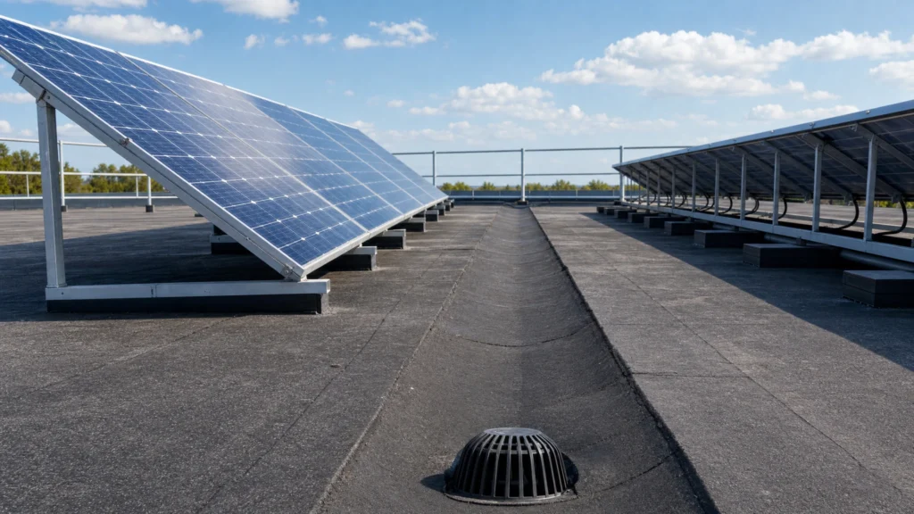PV auf dem Bitumendach: Brandschutz vor der Montage richtig planen 2 PV-Anlage auf einem Bitumendach mit freien Entwässerungswegen