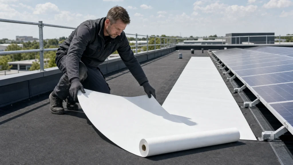 Dünnes weißes Schutzgewebe wird neben einer PV-Anlage verlegt