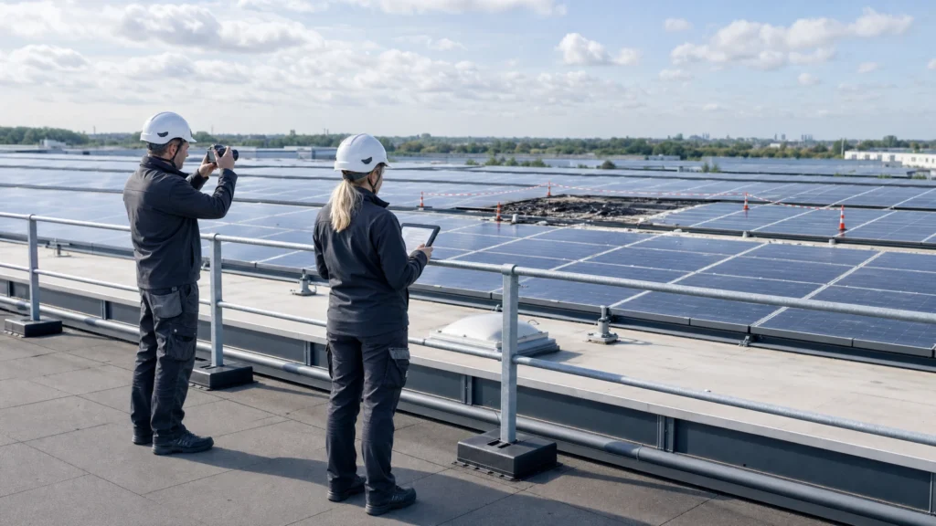 Photovoltaikanlage in Brand - Wer haftet im Schadensfall? 2 Sachverständige dokumentieren einen lokal begrenzten PV-Dachschaden