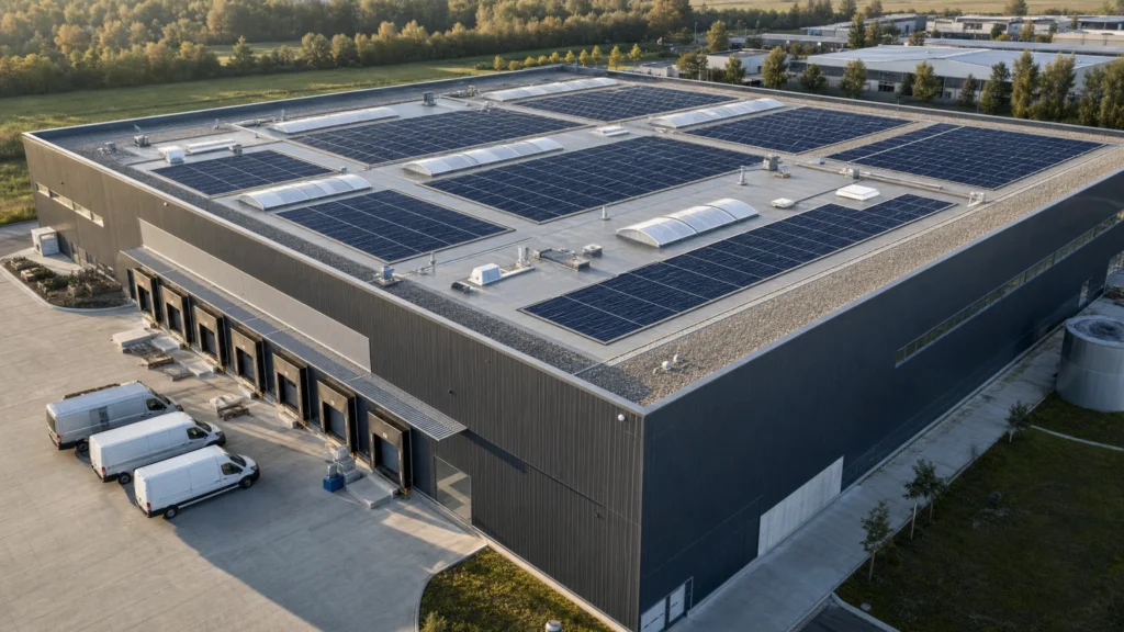 Photovoltaik auf dem Hallendach: der Projektcheck vor der Bestellung 2 Gewerbliche Halle mit PV-Modulfeldern und freien Dachwegen