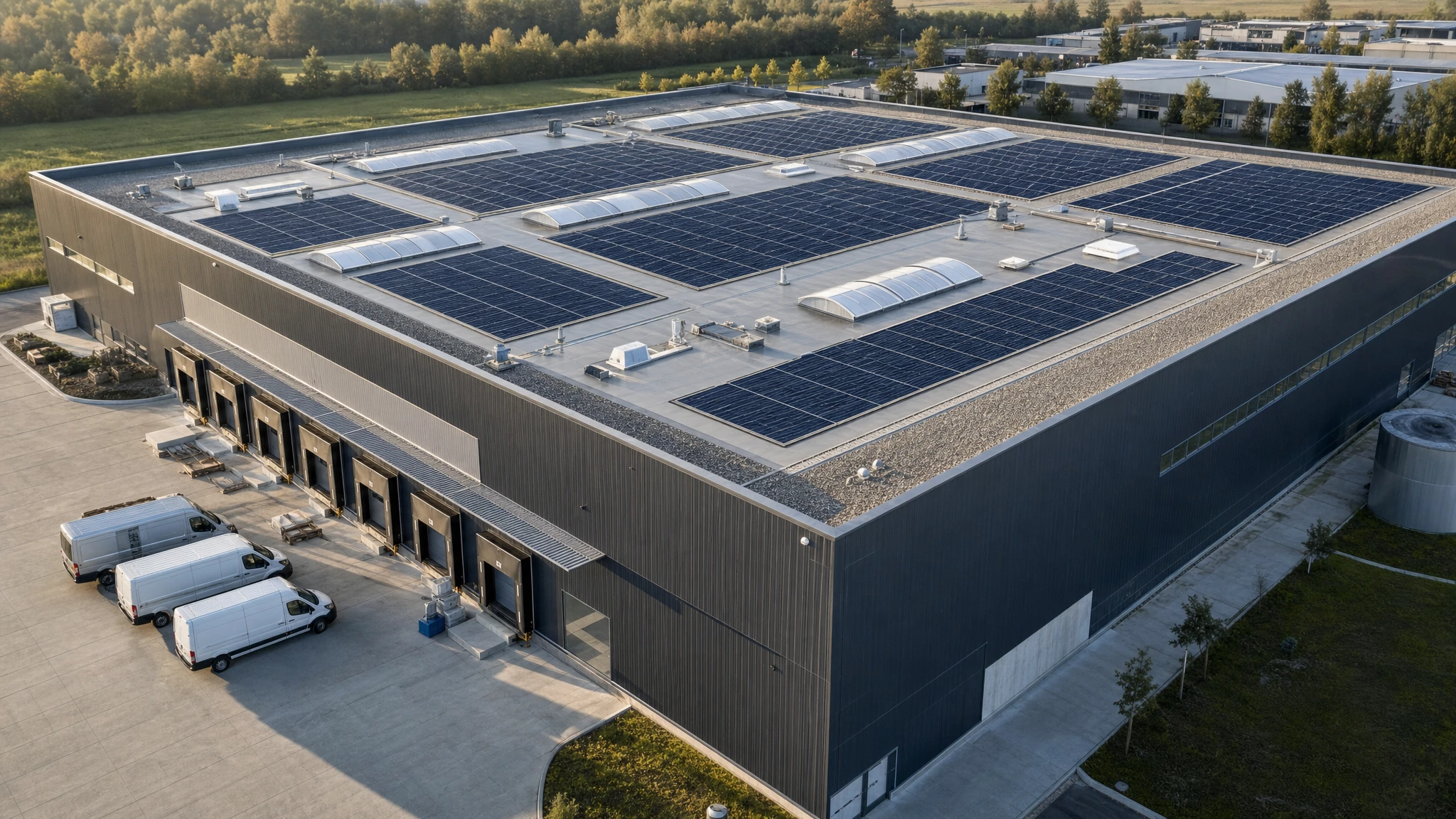 Gewerbliche Halle mit PV-Modulfeldern und freien Dachwegen