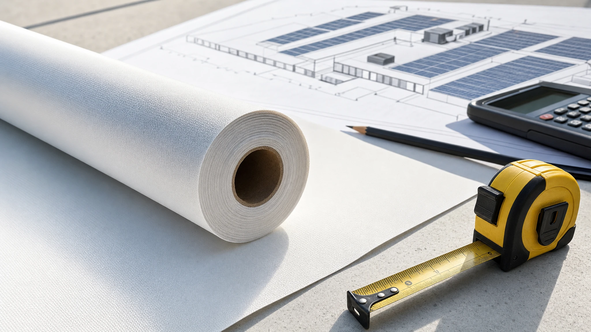 Weiße flexible Rollenware, Maßband und Dachplan zur Materialplanung