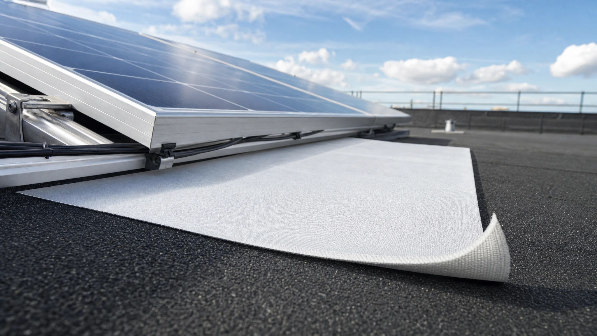 Detail einer dünnen weißen Schutzlage auf einem Dach unter PV-Modulen
