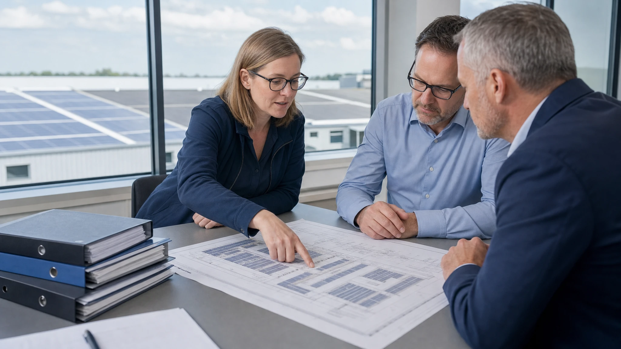 Planer und Betreiber besprechen Dachunterlagen für ein PV-Projekt