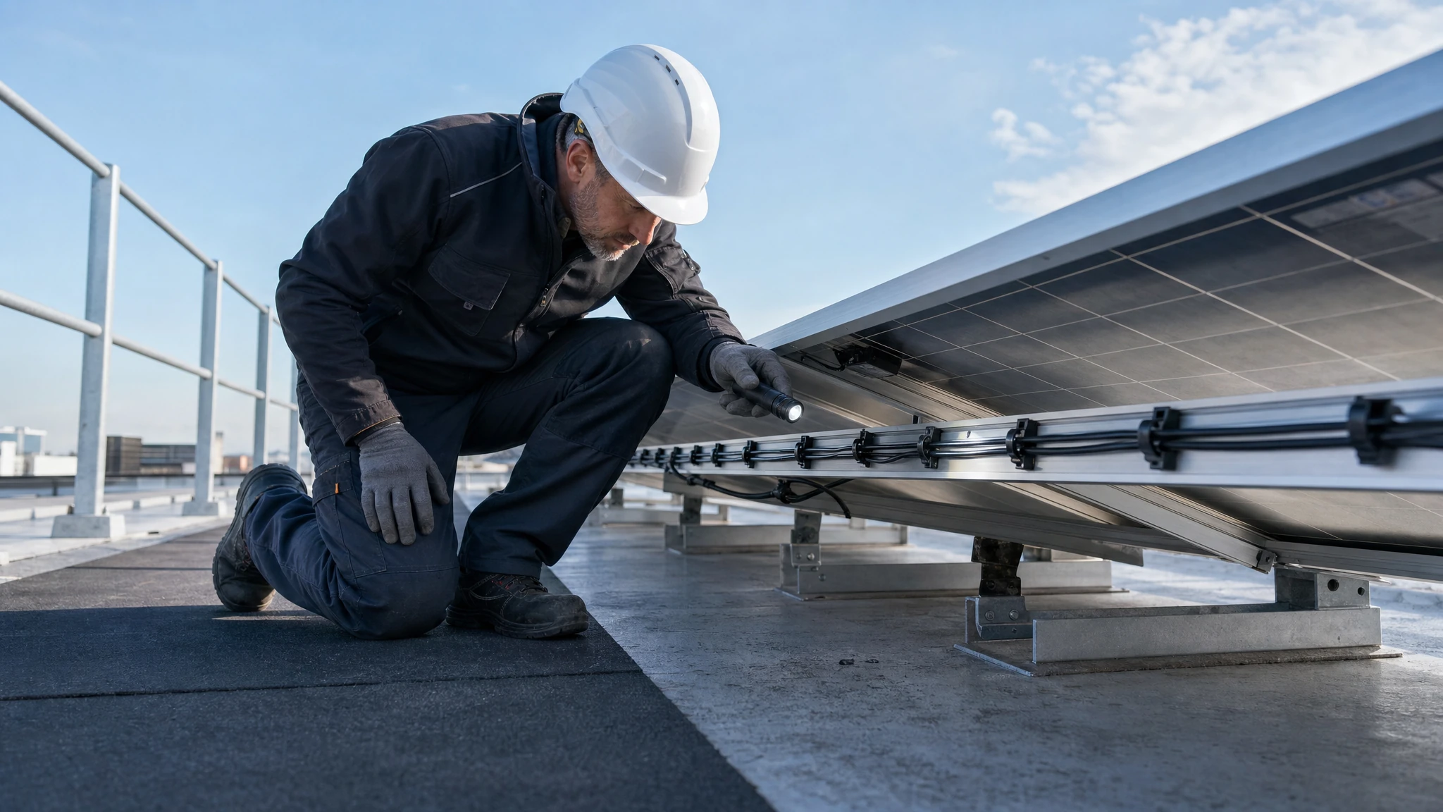 Fachkraft prüft Leitungsführung und Dachzustand unter PV-Modulen